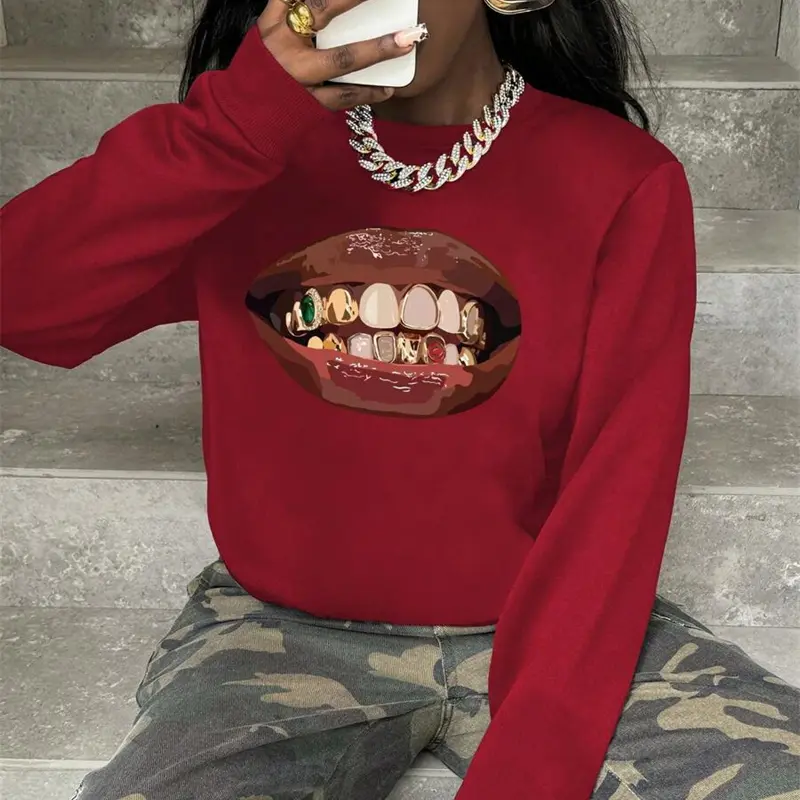 Funny Sweatshirt For Women And Men Crewneck Pullover Coat Lips Teeth Print Graphic Hip Hop Street Personality Spring Solid Top
