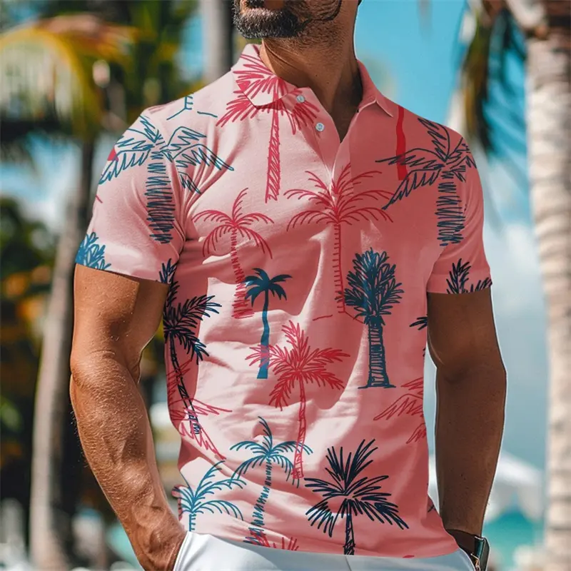 Palm Coconut Tree Hawaii Casual Polo Shirt For Men Holiday Style Outdoor Breathable Lapel Short Sleeve Golf Shirts Summer New
