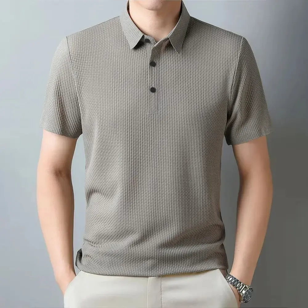 Men's Summer Polo Shirt Short-sleeved Jacquard T-shirt Breathable Lightweight Cozy Button Tops Fashion Casual Tees