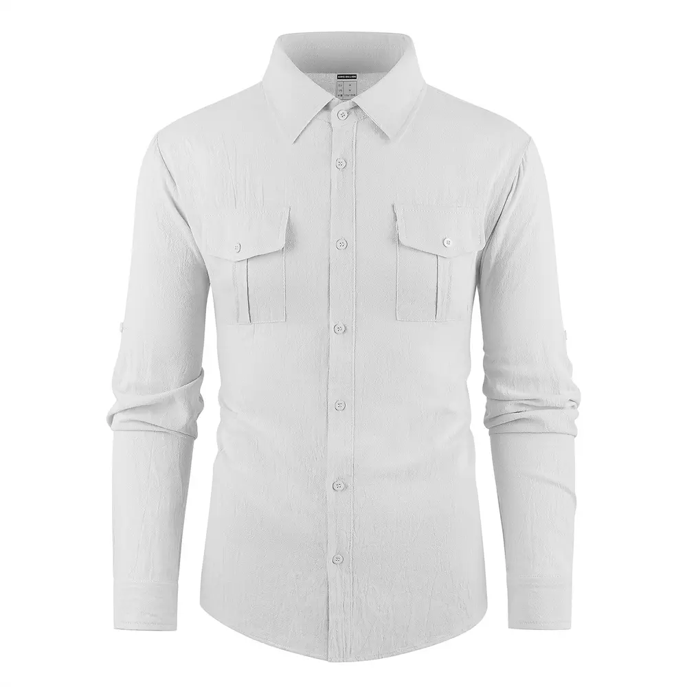 Men's Stylish Double Pocket Shirt Cotton Linen Breathable Turn-down Collar Solid Color Button Up Casual Long Sleeve Tops