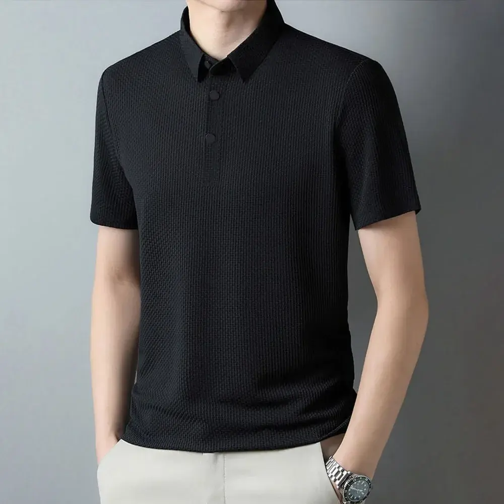 Men's Summer Polo Shirt Short-sleeved Jacquard T-shirt Breathable Lightweight Cozy Button Tops Fashion Casual Tees
