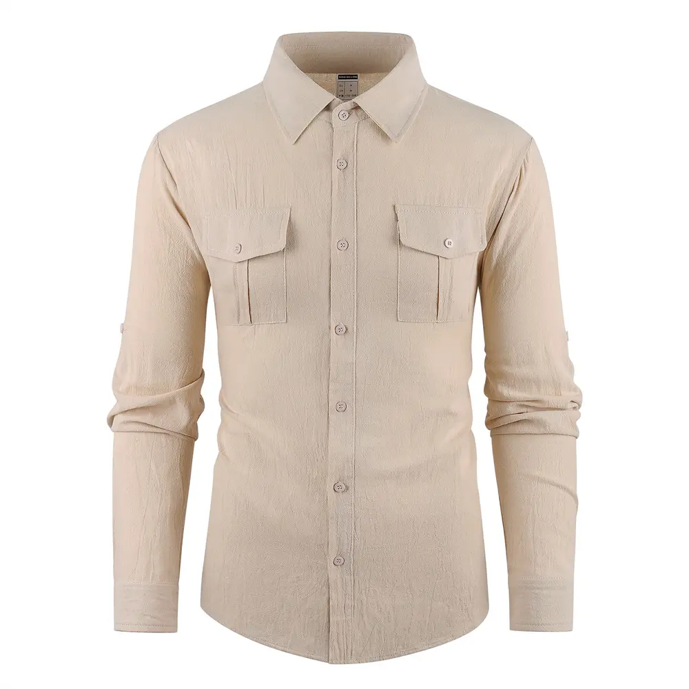Men's Stylish Double Pocket Shirt Cotton Linen Breathable Turn-down Collar Solid Color Button Up Casual Long Sleeve Tops