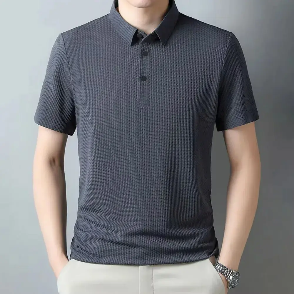 Men's Summer Polo Shirt Short-sleeved Jacquard T-shirt Breathable Lightweight Cozy Button Tops Fashion Casual Tees