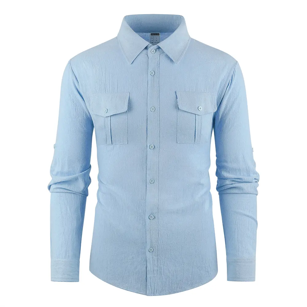 Men's Stylish Double Pocket Shirt Cotton Linen Breathable Turn-down Collar Solid Color Button Up Casual Long Sleeve Tops