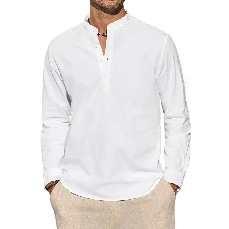 Men's Long Sleeve T-Shirts Casual Lightweight Breathable Henley Neck Solid Color Tops Hawaiian Vacation Beach Style Button Polo