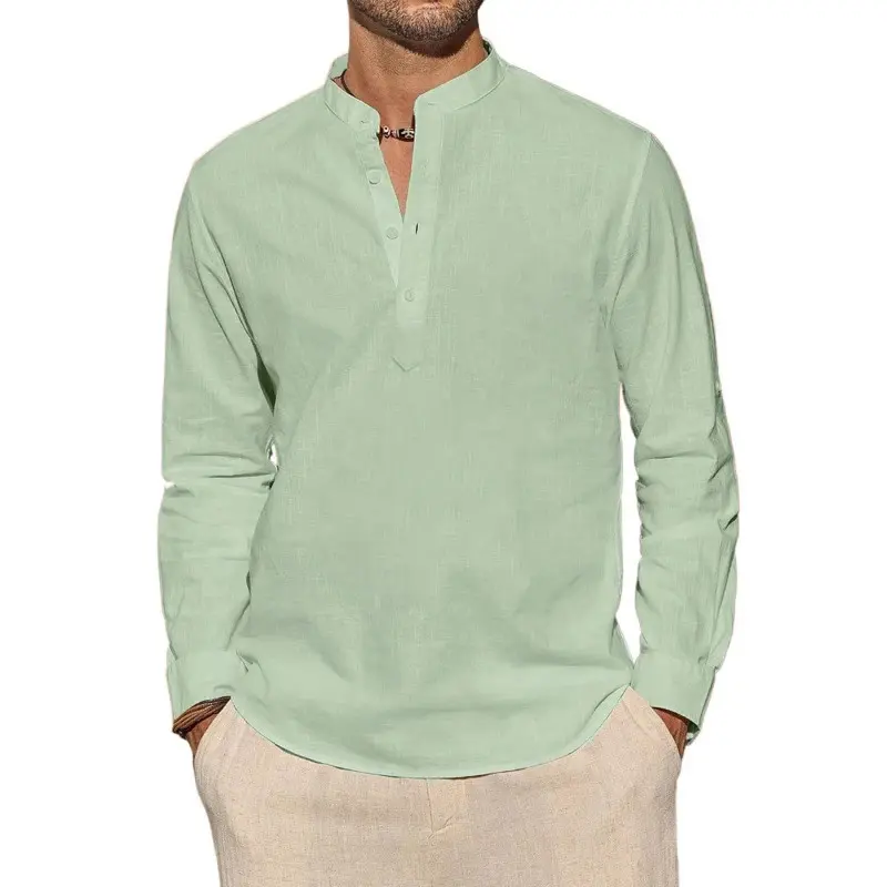 Men's Long Sleeve T-Shirts Casual Lightweight Breathable Henley Neck Solid Color Tops Hawaiian Vacation Beach Style Button Polo