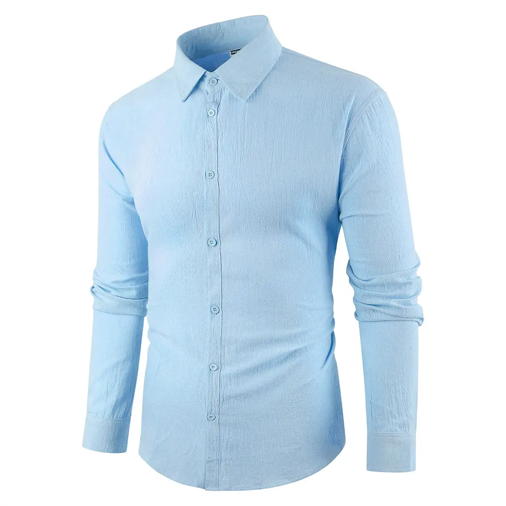 Men's Casual Cotton Linen Long Sleeve Shirt Solid Color Turn-down Collar Slim Fit Simple Style Breathable Button Tops