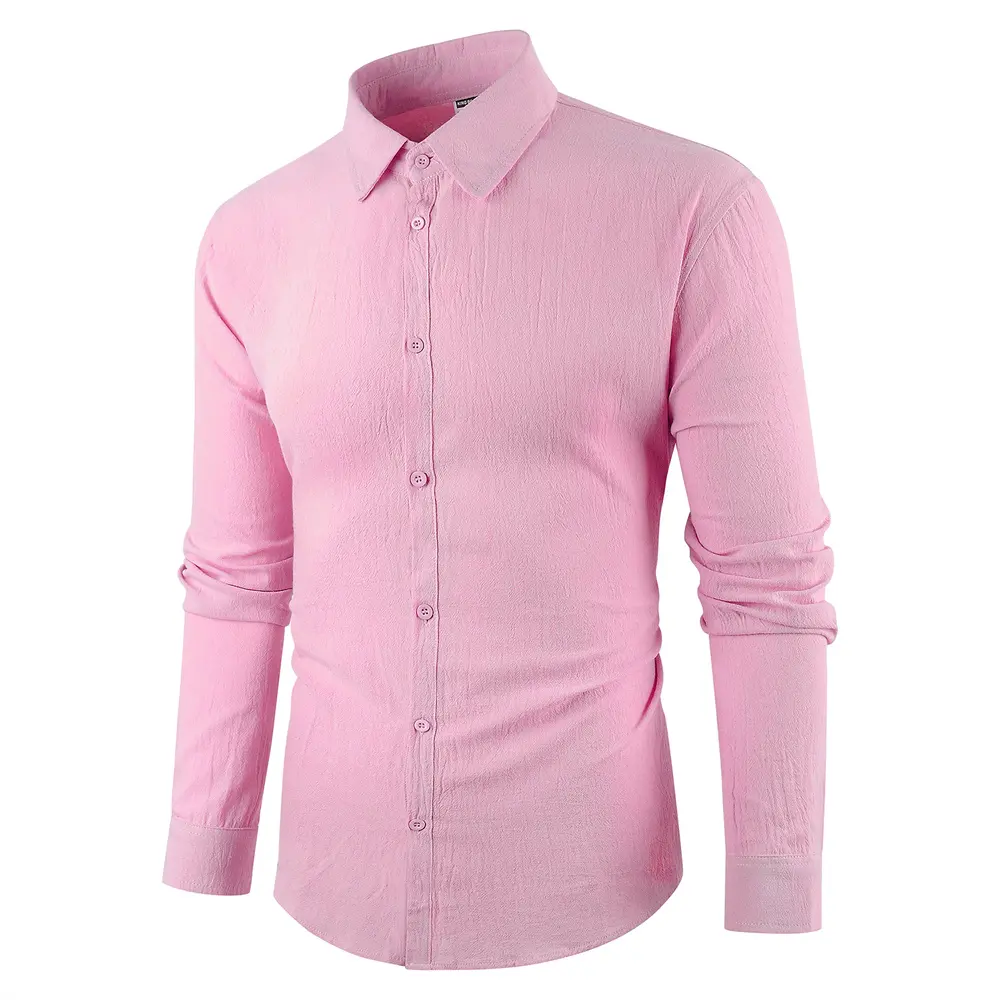 Men's Casual Cotton Linen Long Sleeve Shirt Solid Color Turn-down Collar Slim Fit Simple Style Breathable Button Tops