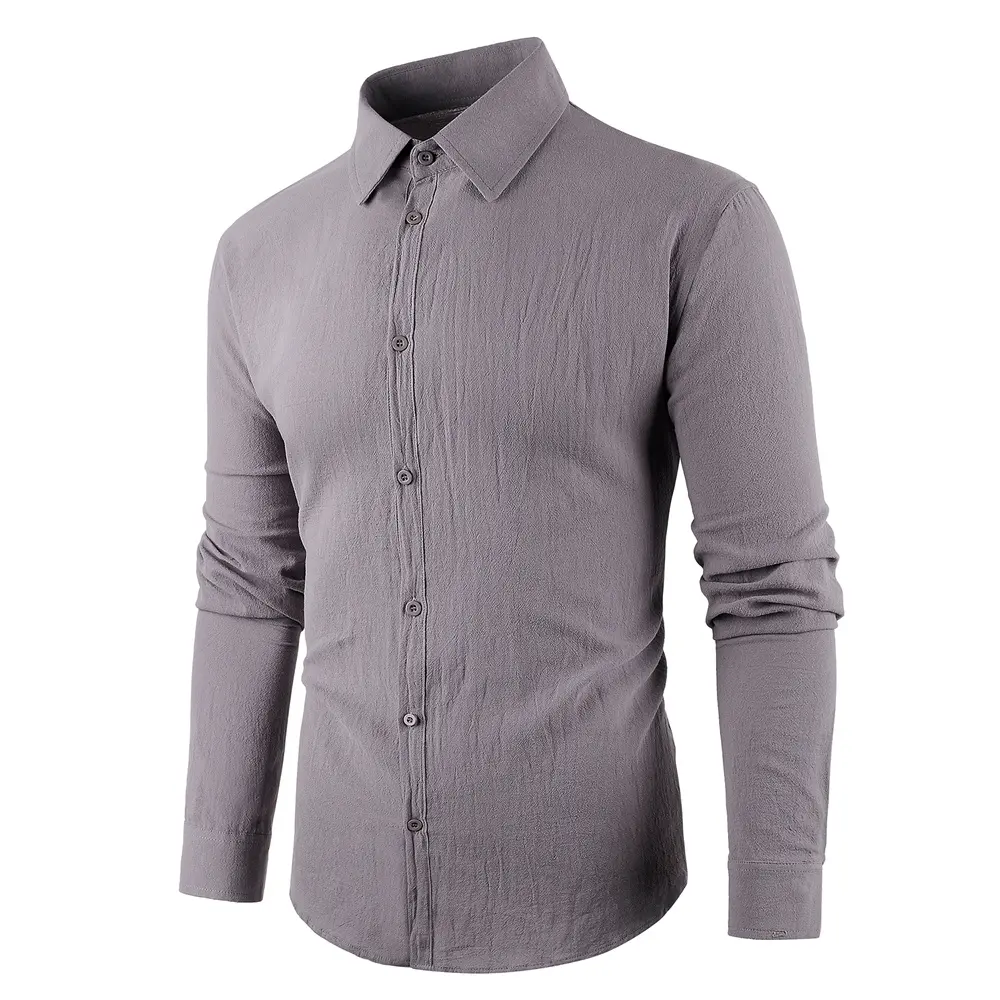 Men's Casual Cotton Linen Long Sleeve Shirt Solid Color Turn-down Collar Slim Fit Simple Style Breathable Button Tops