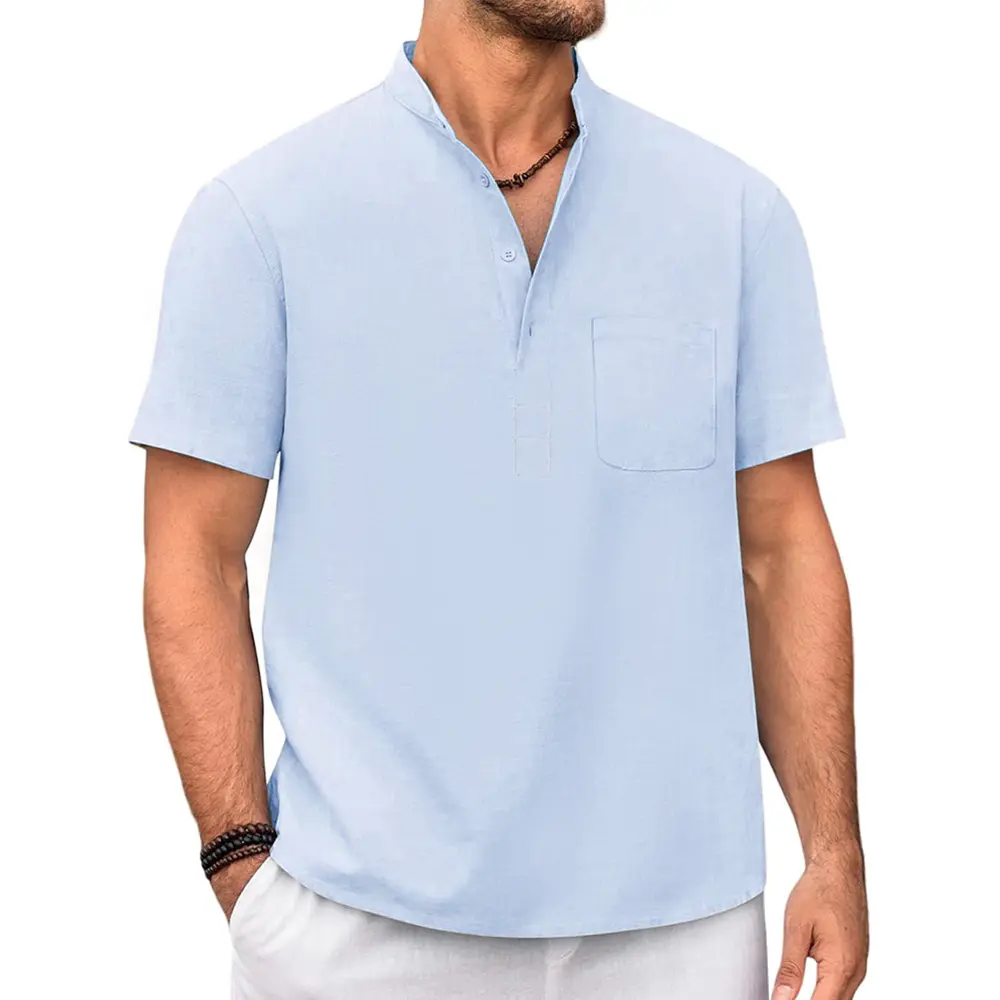 Cotton Linen T-shirt for Men Henley Neck Casual Solid Color Tees Short Sleeve Lightweight Breathable Vacation Beach Style Tops