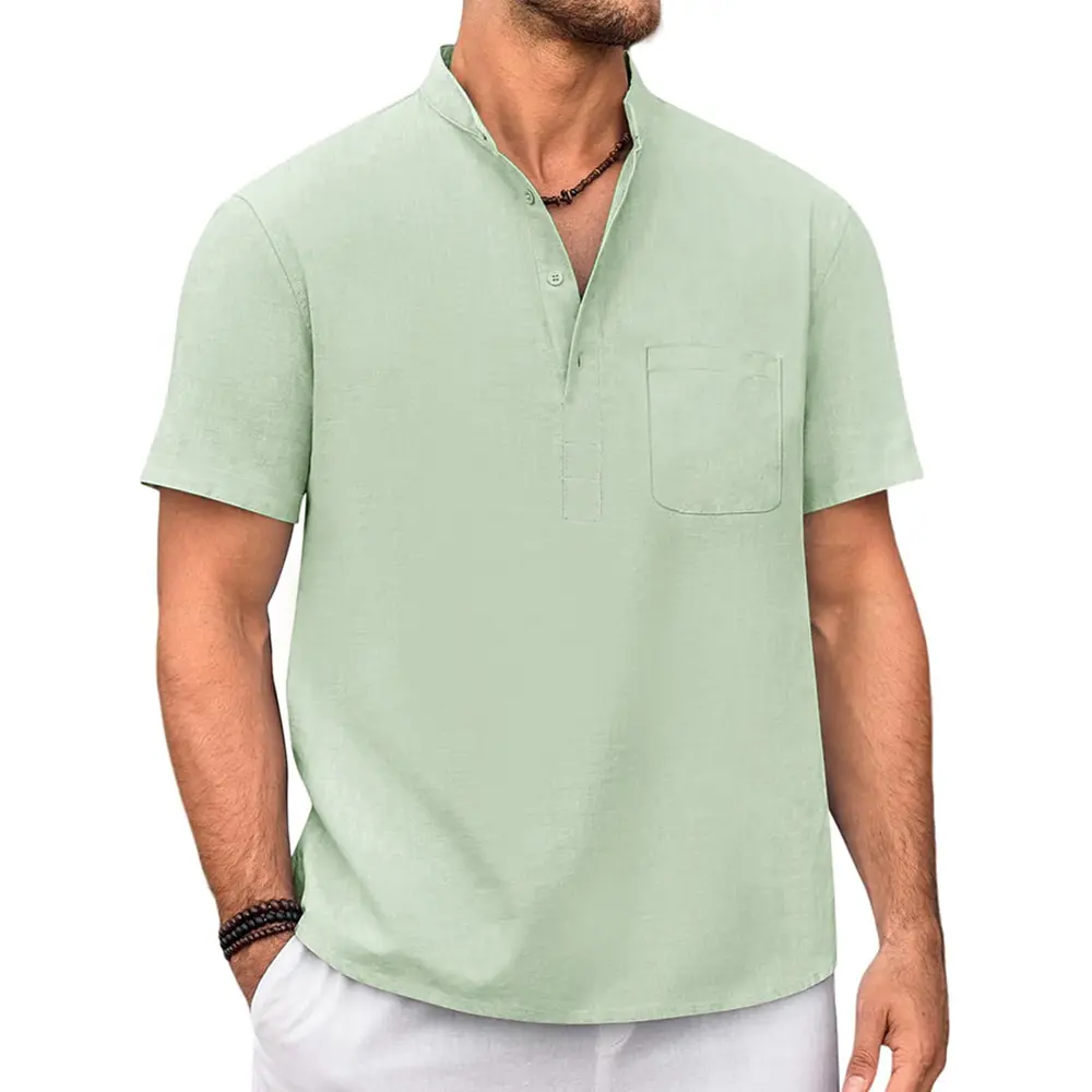 Cotton Linen T-shirt for Men Henley Neck Casual Solid Color Tees Short Sleeve Lightweight Breathable Vacation Beach Style Tops