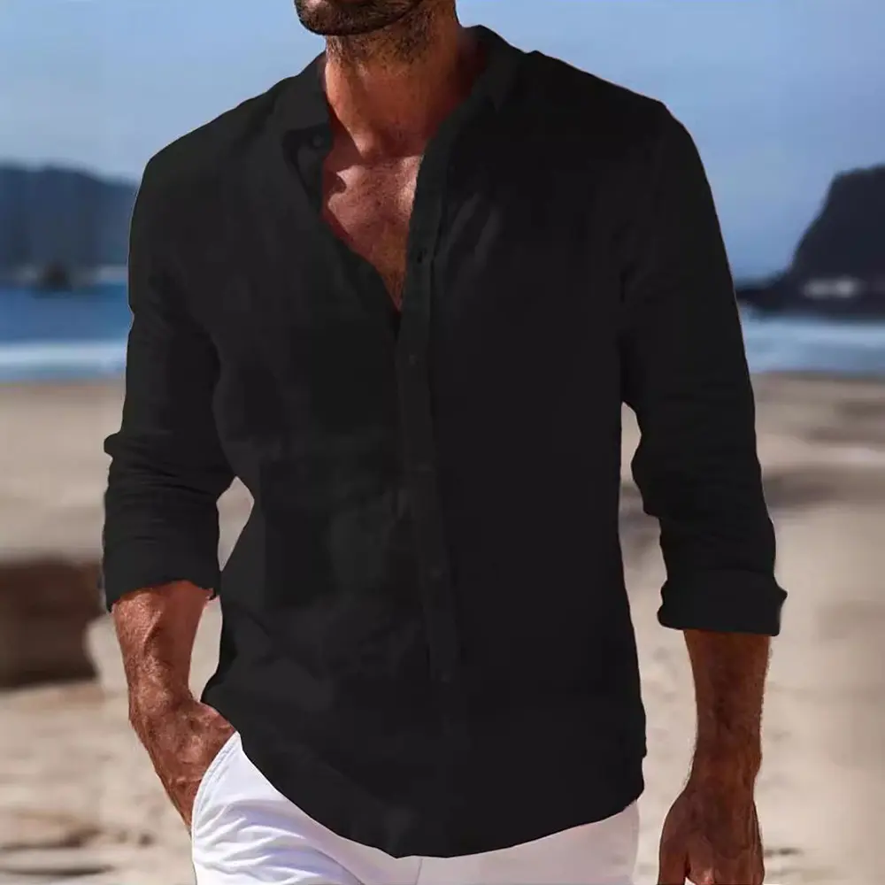 Spring Autumn Men's Cotton Linen Shirt Long Sleeve Solid Color Casual Tops Lightweight Vacation Beach Style Cozy Shirts