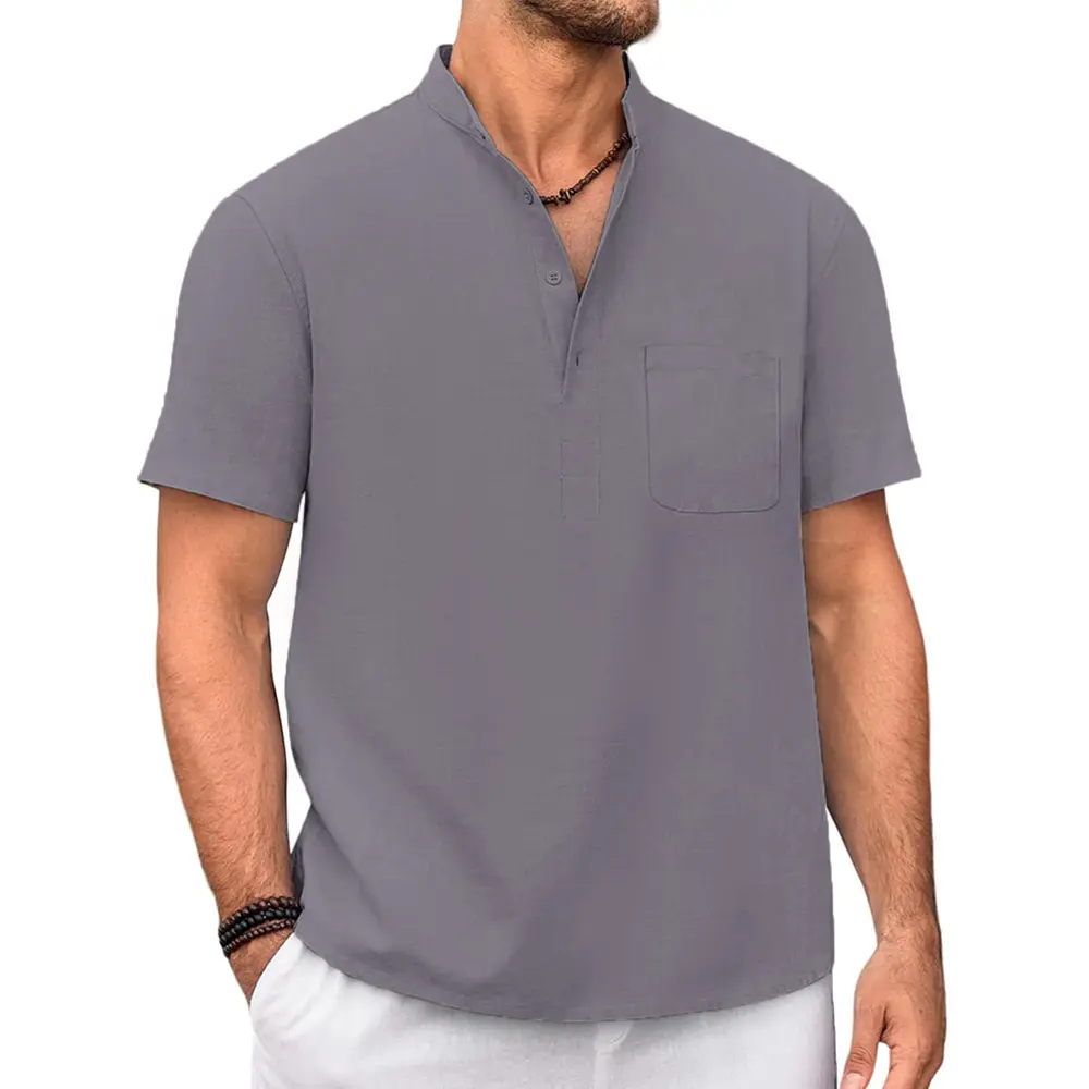 Cotton Linen T-shirt for Men Henley Neck Casual Solid Color Tees Short Sleeve Lightweight Breathable Vacation Beach Style Tops