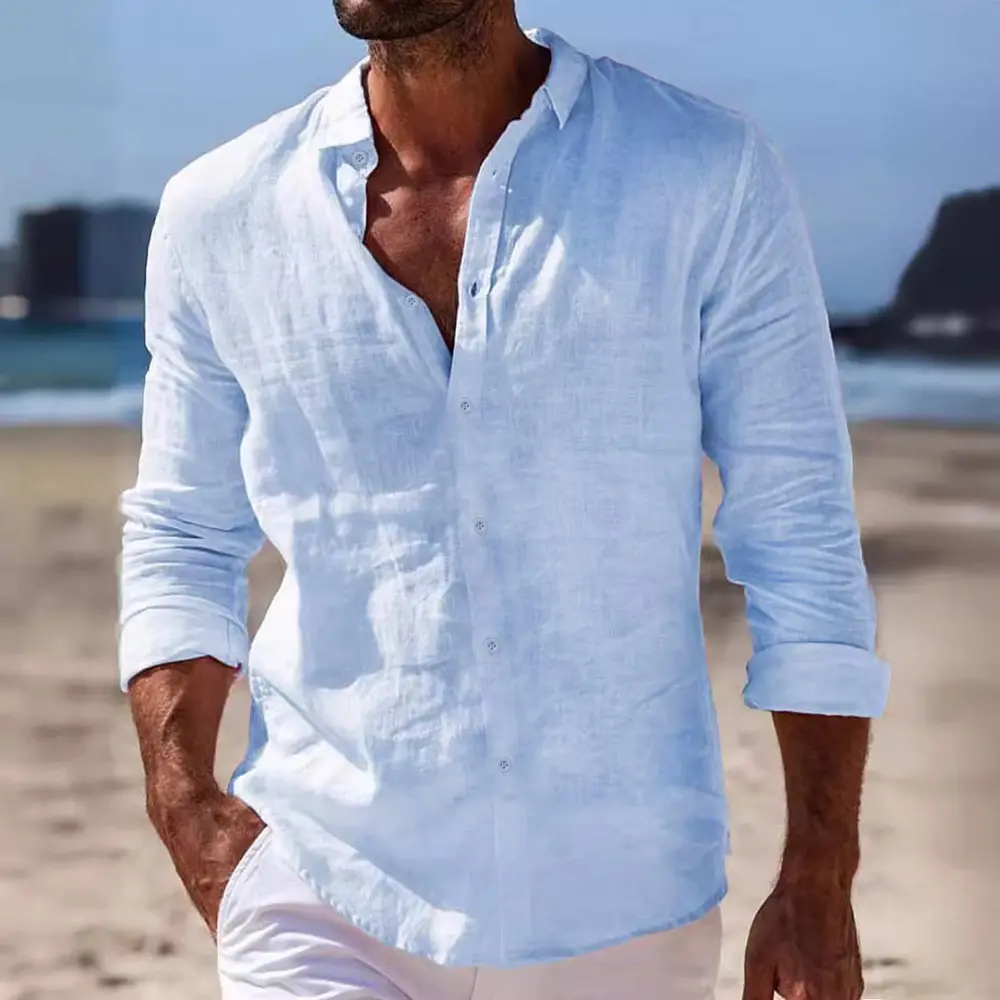 Spring Autumn Men's Cotton Linen Shirt Long Sleeve Solid Color Casual Tops Lightweight Vacation Beach Style Cozy Shirts