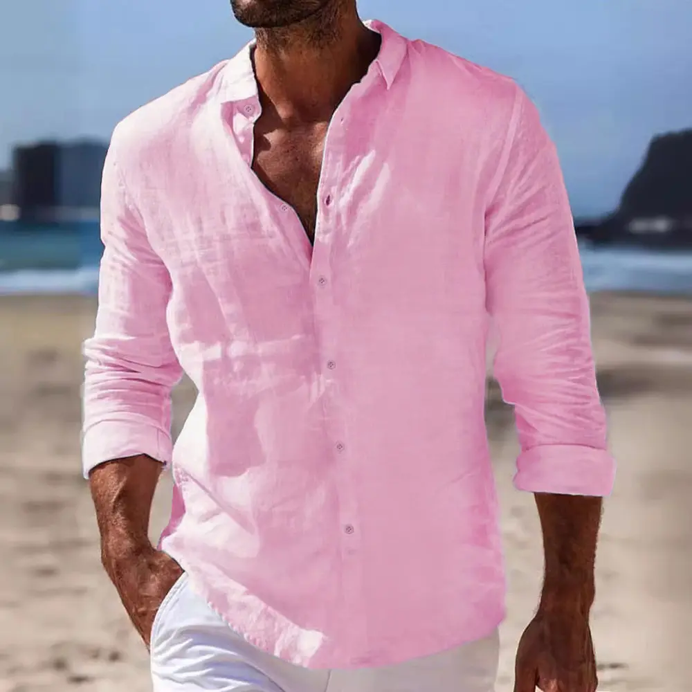 Spring Autumn Men's Cotton Linen Shirt Long Sleeve Solid Color Casual Tops Lightweight Vacation Beach Style Cozy Shirts