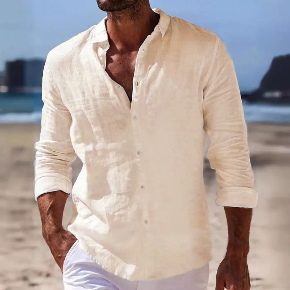 Spring Autumn Men's Cotton Linen Shirt Long Sleeve Solid Color Casual Tops Lightweight Vacation Beach Style Cozy Shirts