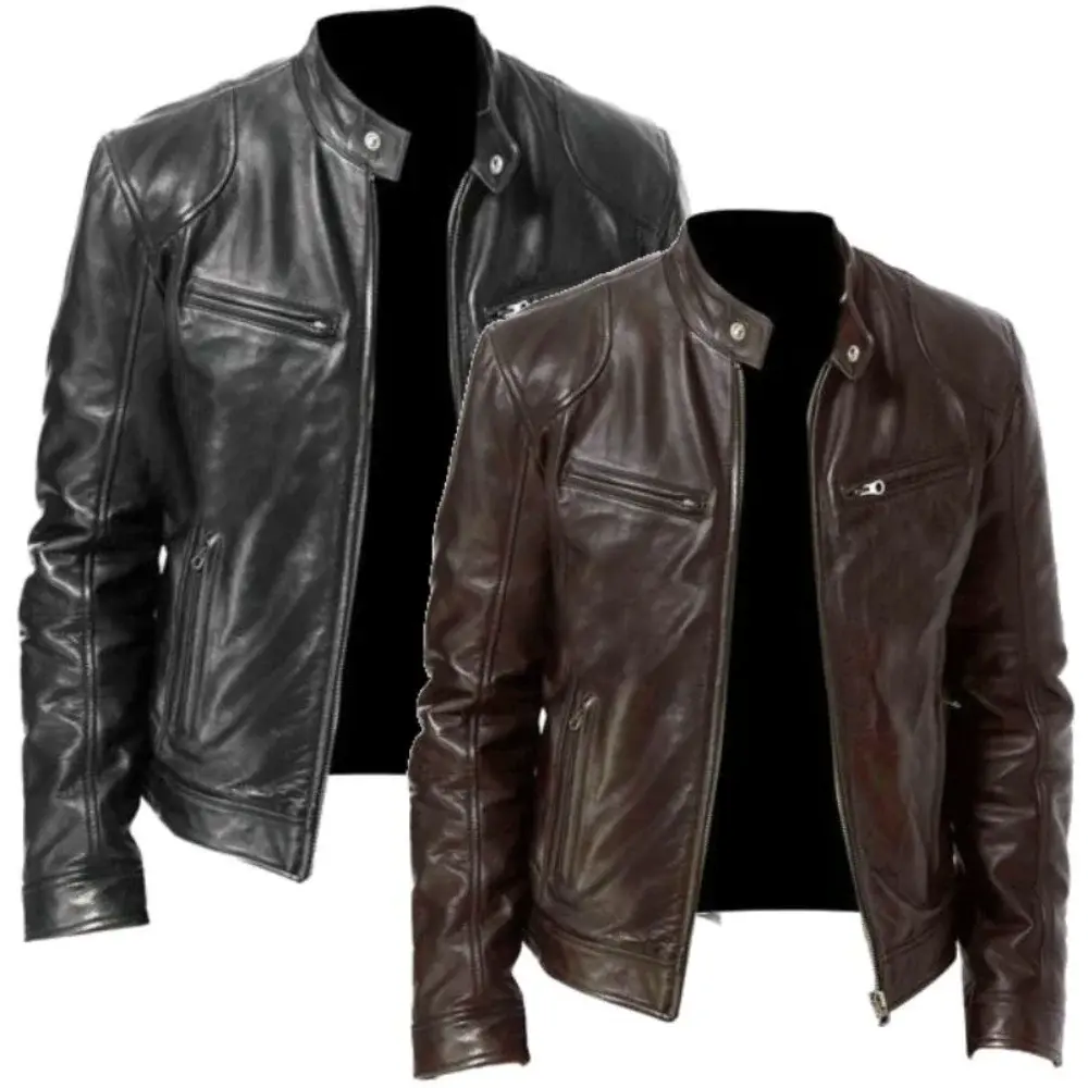 PU Jacket Men Fashion Leather Jacket Slim Fit Stand Collar Male Anti-wind Motorcycle Lapel Diagonal Zipper Men Coat