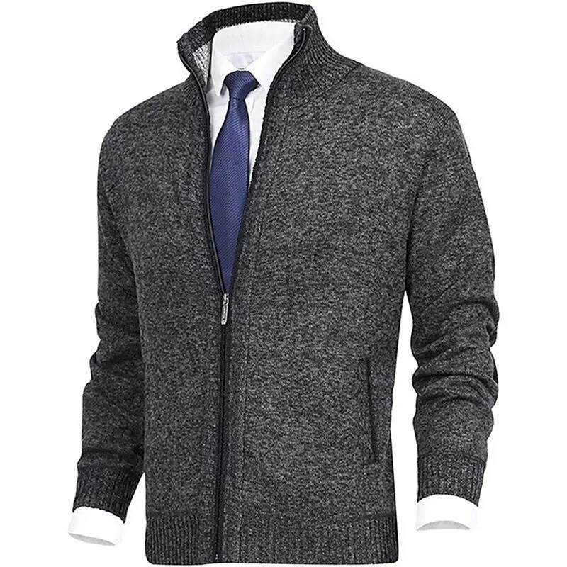 Winter Thick Men's Knitted Sweater Coat Off White Long Sleeve Cardigan Fleece Full Zip Male Causal Plus Size Clothing for Autumn