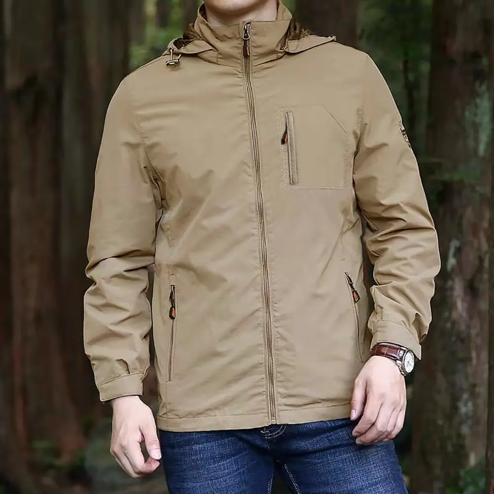 Men's Outdoor Jacket Windproof Waterproof Hooded Camping Climbing Outwear Solid Color Zipper Stylish Hiking Jackets
