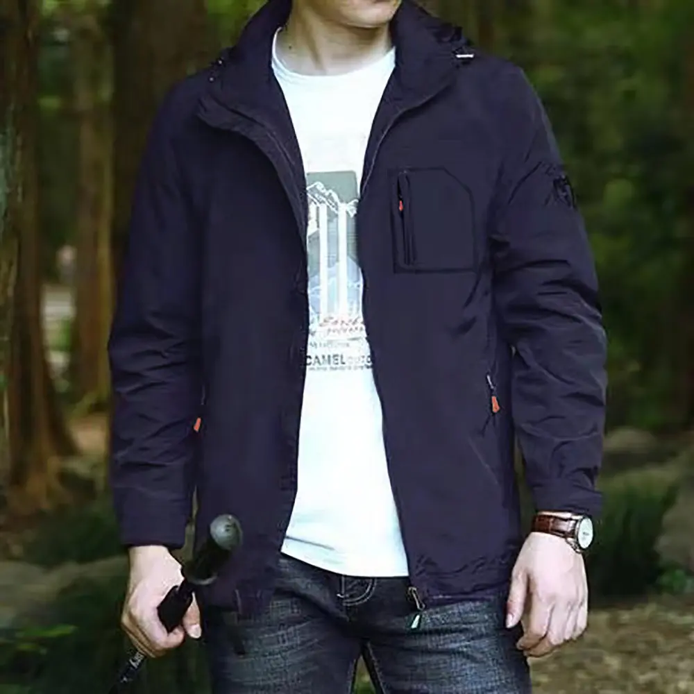 Men's Outdoor Jacket Windproof Waterproof Hooded Camping Climbing Outwear Solid Color Zipper Stylish Hiking Jackets
