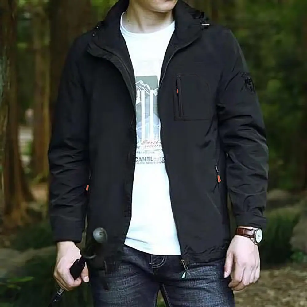Men's Outdoor Jacket Windproof Waterproof Hooded Camping Climbing Outwear Solid Color Zipper Stylish Hiking Jackets