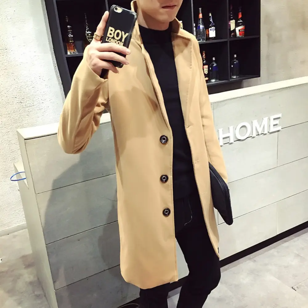 Men's Coat Autumn and Winter New Casual Long Windbreaker Jacket / Male Solid Color Single Breasted Trench Coat Jacket