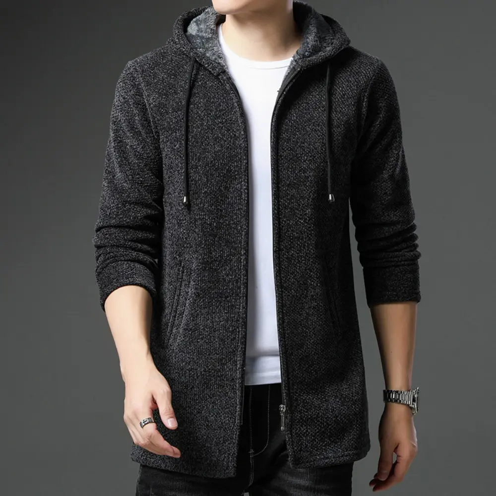 New Arrival Knitted Sweater Men Spring Autumn Casual Fleece Cardigan Men Sweaters Winter Coats Hooded Jacket Solid Color