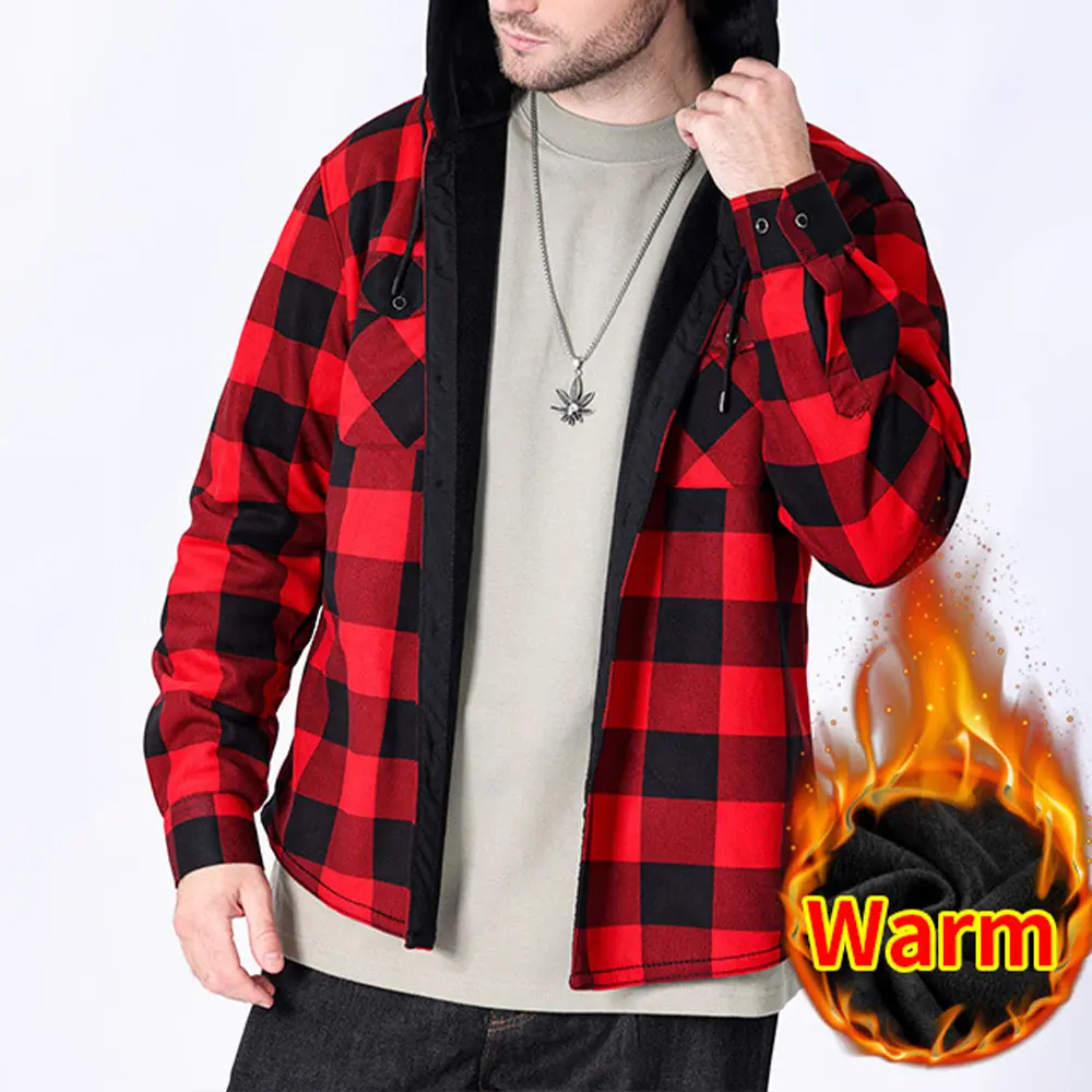 Men's Winter Jackets Large Size Flannel Casual Fleece Lining Hooded Plaid Shirts for Men Outwear Vintage Men Warm Coat