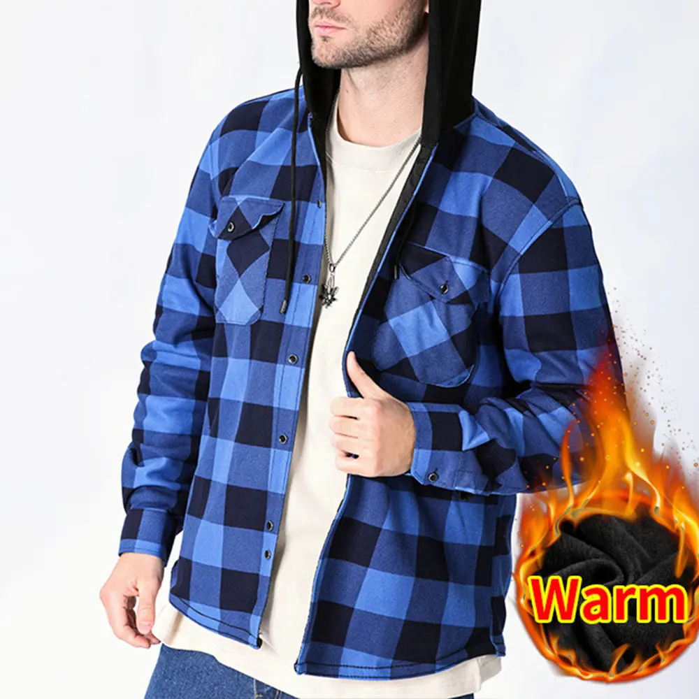 Men's Winter Jackets Large Size Flannel Casual Fleece Lining Hooded Plaid Shirts for Men Outwear Vintage Men Warm Coat