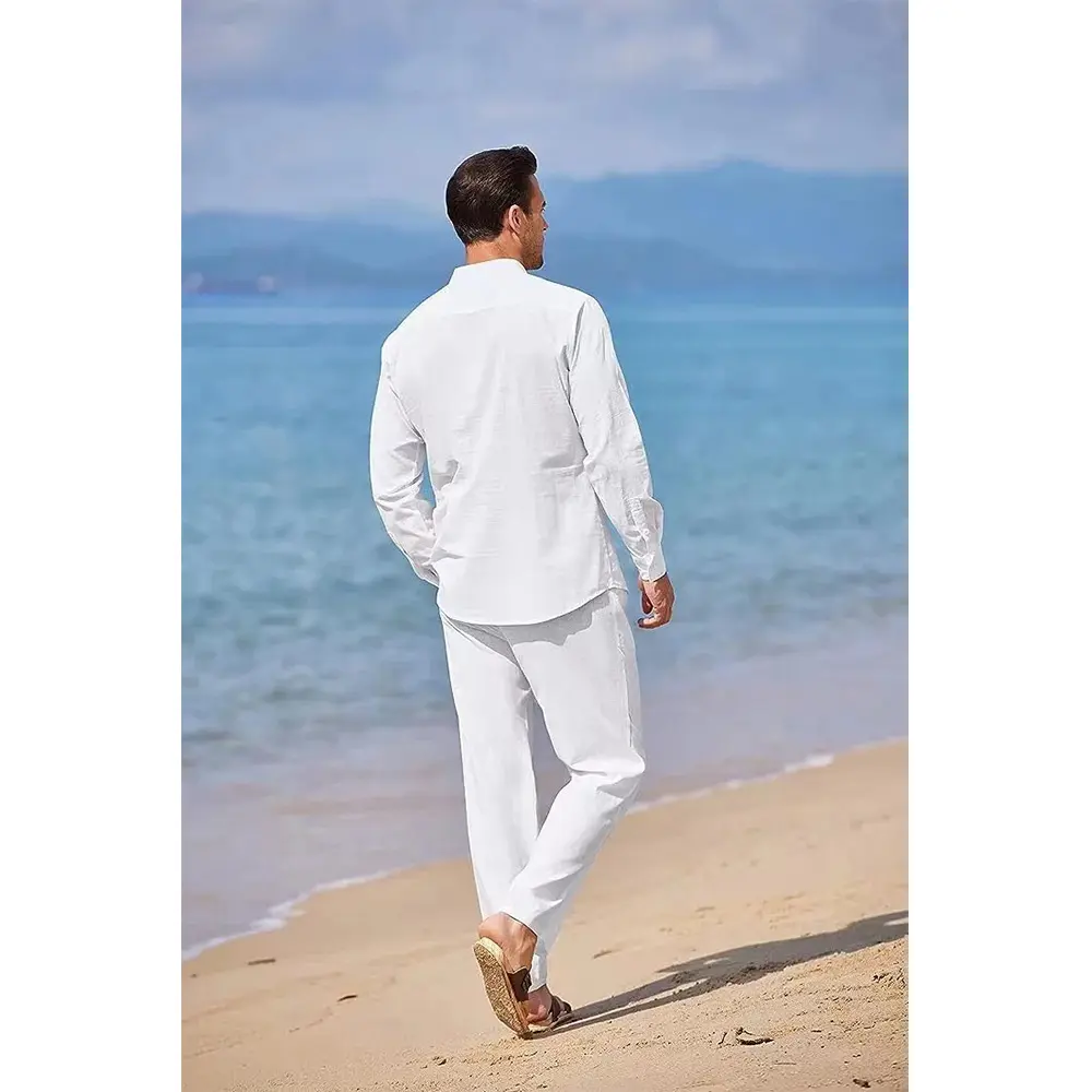 Mens Casual Cotton Linen Two Piece Sets Beach Vintage Basic Shirts and Pants Solid Color Casual Suit Male Hawai Tracksuits Set