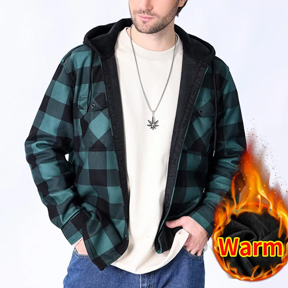 Men's Winter Jackets Large Size Flannel Casual Fleece Lining Hooded Plaid Shirts for Men Outwear Vintage Men Warm Coat