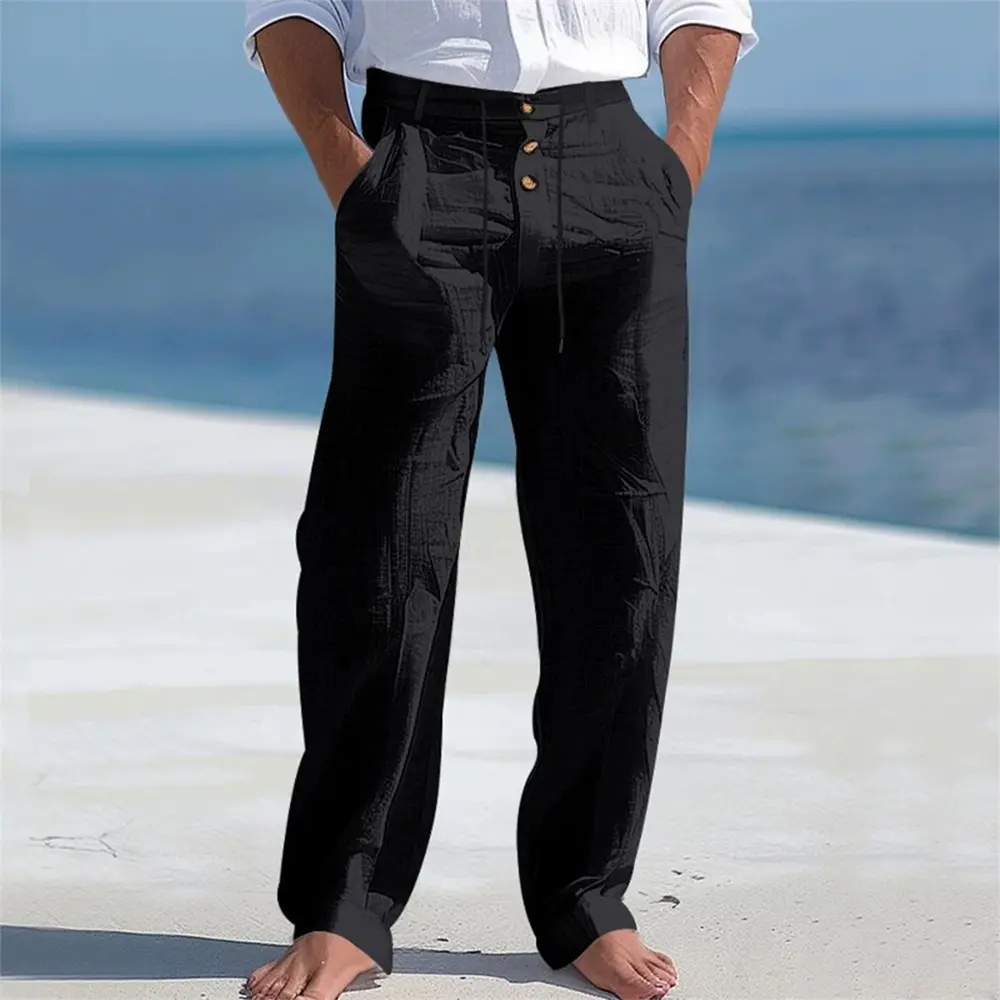 Men's Autumn Spring Cotton Pants Casual Breathable Cozy Trousers Button Drawstring Design Beach Style Vacation Long Pants
