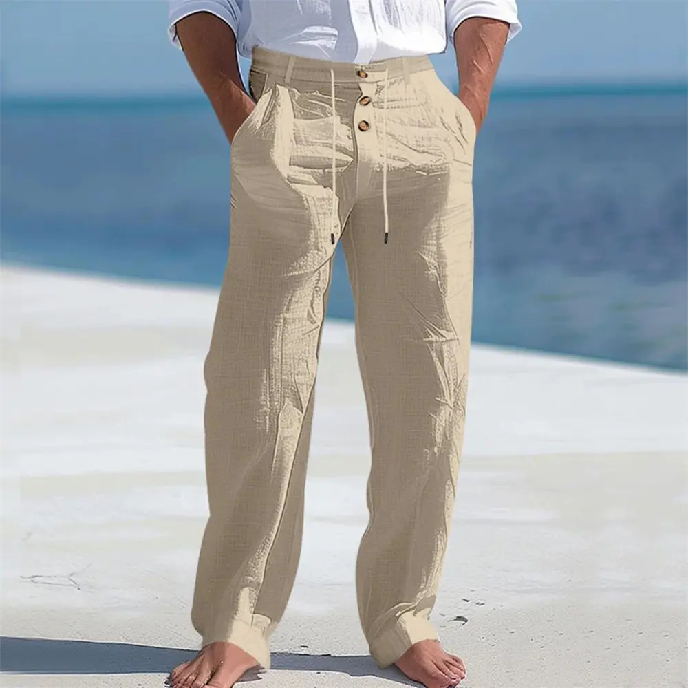 Men's Autumn Spring Cotton Pants Casual Breathable Cozy Trousers Button Drawstring Design Beach Style Vacation Long Pants