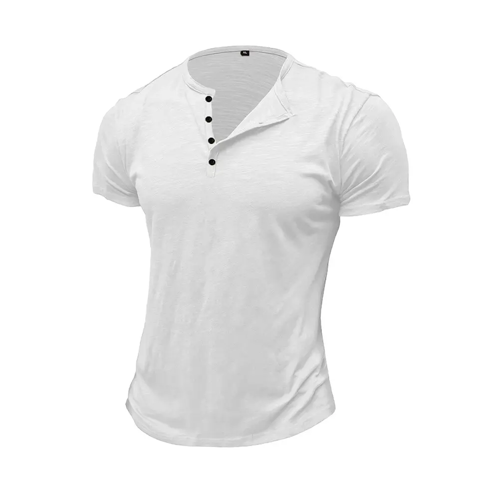 Summer Men's Cotton T-shirt Short-sleeve Henley Collar Casual Solid Color Button Tees Polo High Quality Male Cozy T-shirts