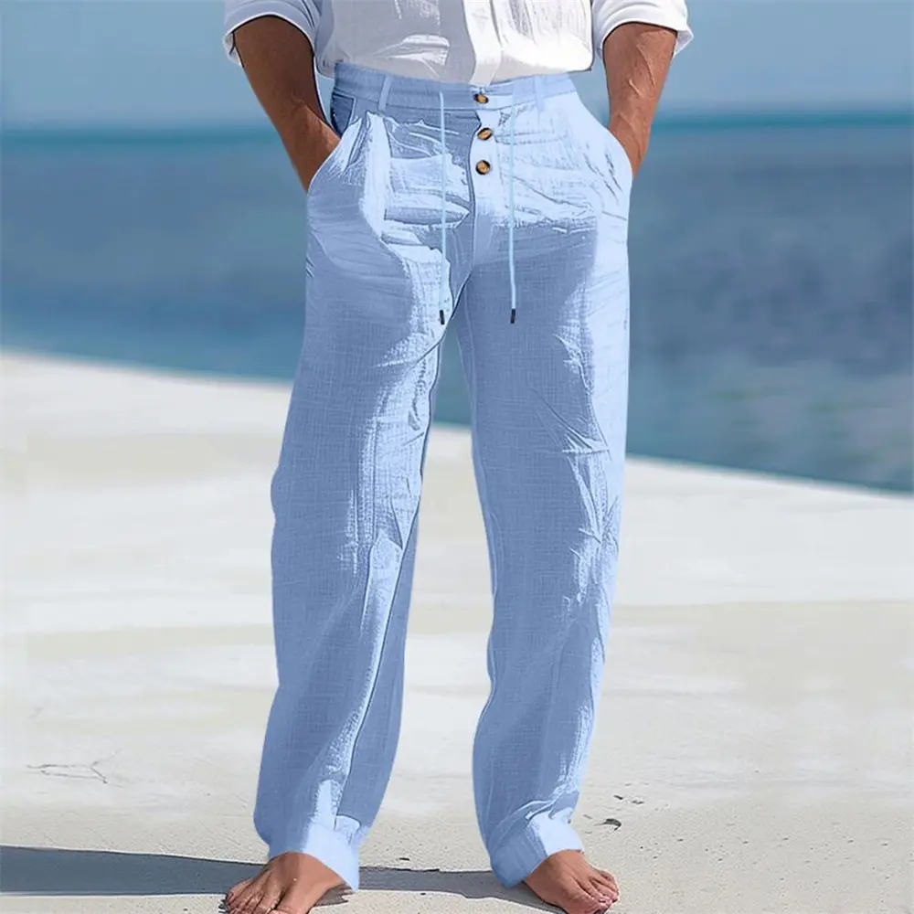 Men's Autumn Spring Cotton Pants Casual Breathable Cozy Trousers Button Drawstring Design Beach Style Vacation Long Pants
