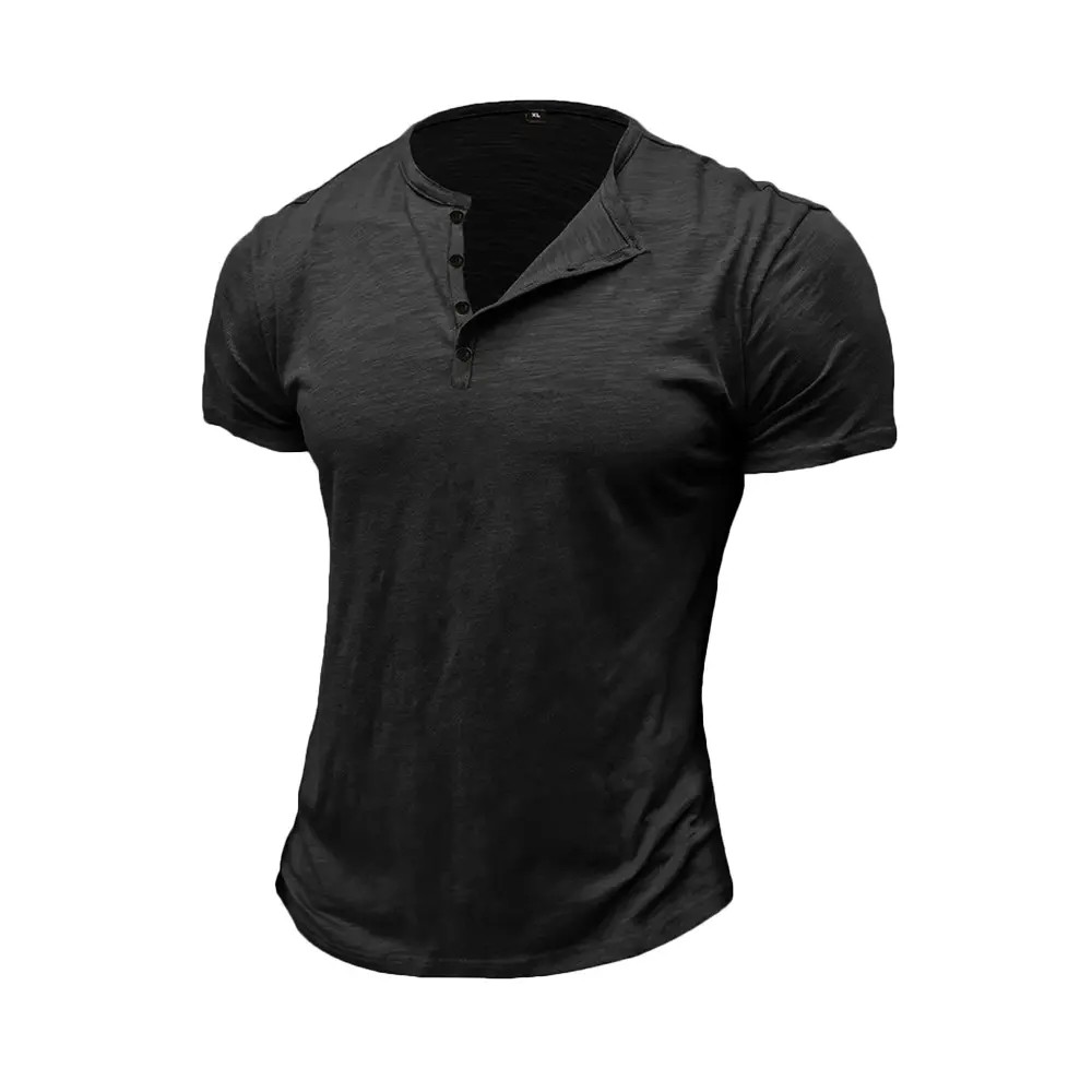 Summer Men's Cotton T-shirt Short-sleeve Henley Collar Casual Solid Color Button Tees Polo High Quality Male Cozy T-shirts