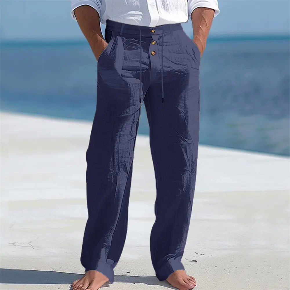 Men's Autumn Spring Cotton Pants Casual Breathable Cozy Trousers Button Drawstring Design Beach Style Vacation Long Pants