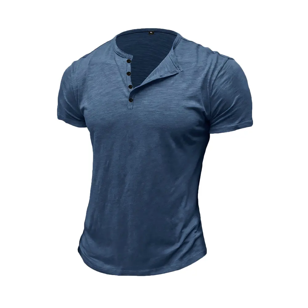 Summer Men's Cotton T-shirt Short-sleeve Henley Collar Casual Solid Color Button Tees Polo High Quality Male Cozy T-shirts