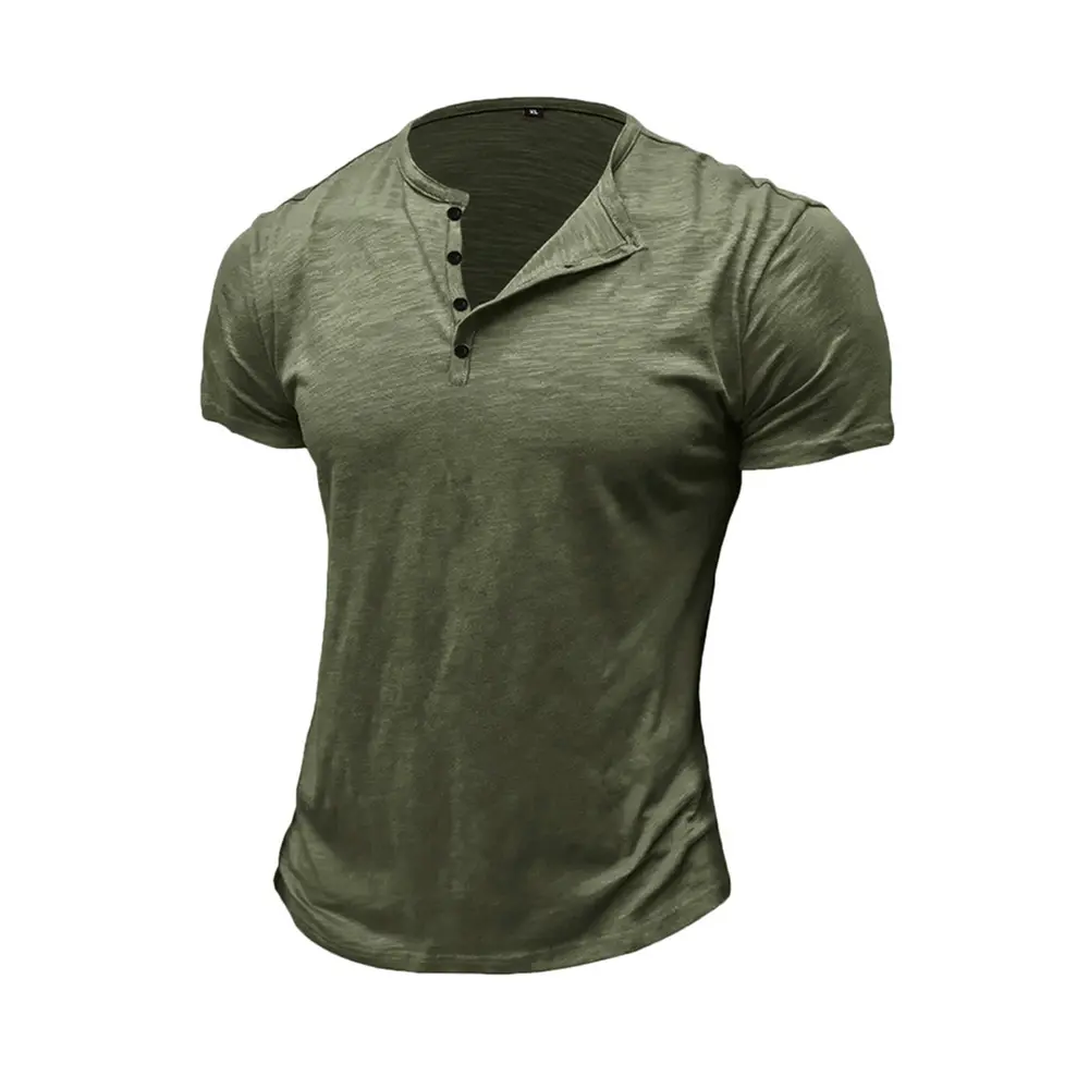 Summer Men's Cotton T-shirt Short-sleeve Henley Collar Casual Solid Color Button Tees Polo High Quality Male Cozy T-shirts