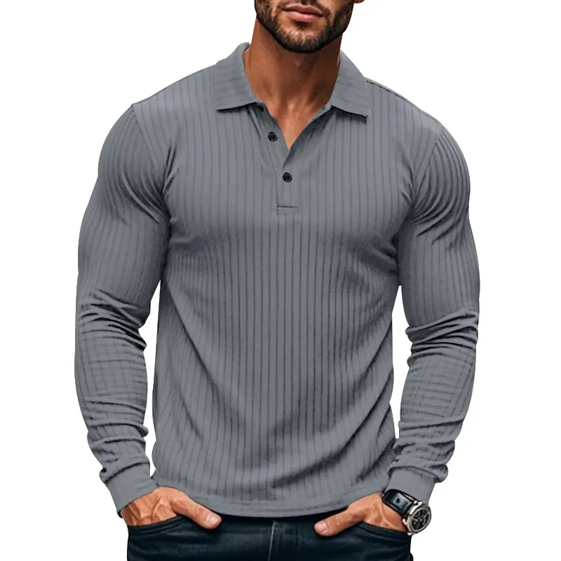 Casual New Men's Polo Shirt Solid Color Button Long Sleeve T-shirts Business Tee Fashion Clothing Stretch Breathable