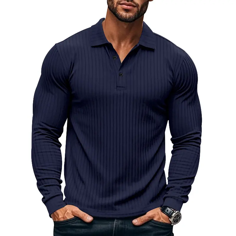 Casual New Men's Polo Shirt Solid Color Button Long Sleeve T-shirts Business Tee Fashion Clothing Stretch Breathable