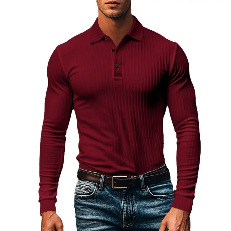 Casual New Men's Polo Shirt Solid Color Button Long Sleeve T-shirts Business Tee Fashion Clothing Stretch Breathable