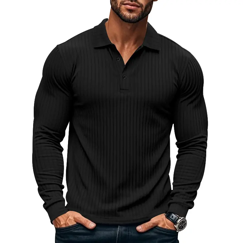 Casual New Men's Polo Shirt Solid Color Button Long Sleeve T-shirts Business Tee Fashion Clothing Stretch Breathable