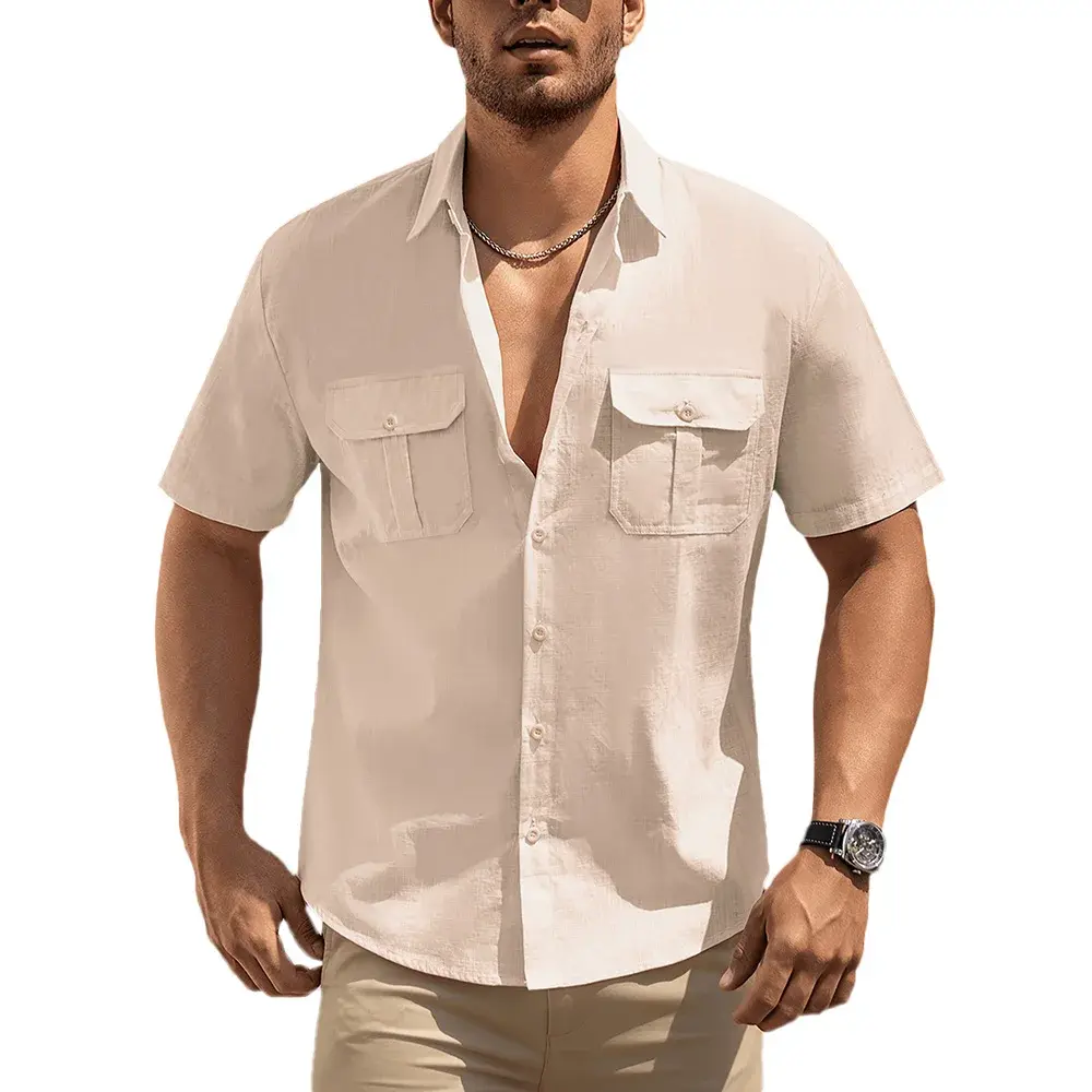 Cotton Linen Short Sleeve Shirts for Men Solid Color Double Pocket Single Breasted Lightweight Breathable Stylish Male Tops