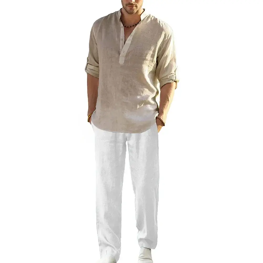 Men's Cotton Linen Casual Shirt Suit Spring Summer Male Simple Style Solid Color Male Sets Henley Neck Breathable Tracksuits