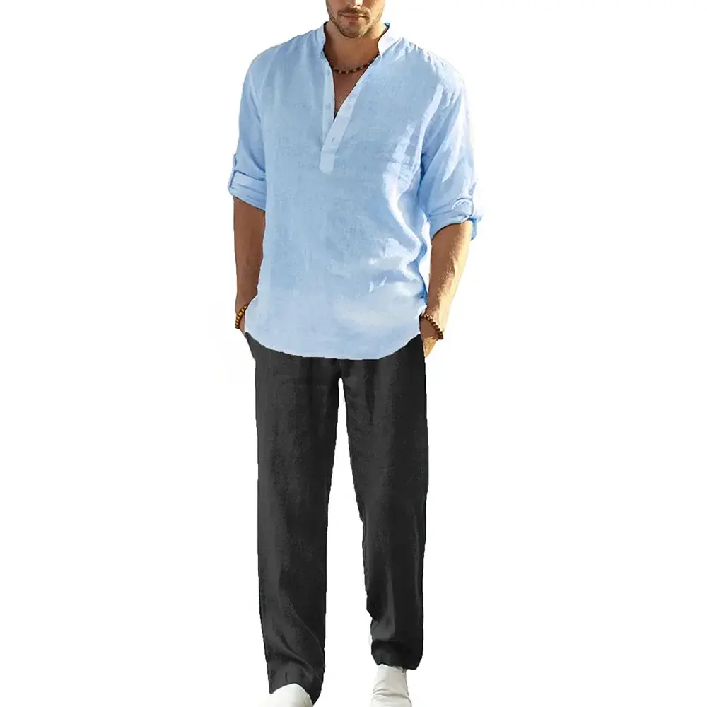 Men's Cotton Linen Casual Shirt Suit Spring Summer Male Simple Style Solid Color Male Sets Henley Neck Breathable Tracksuits
