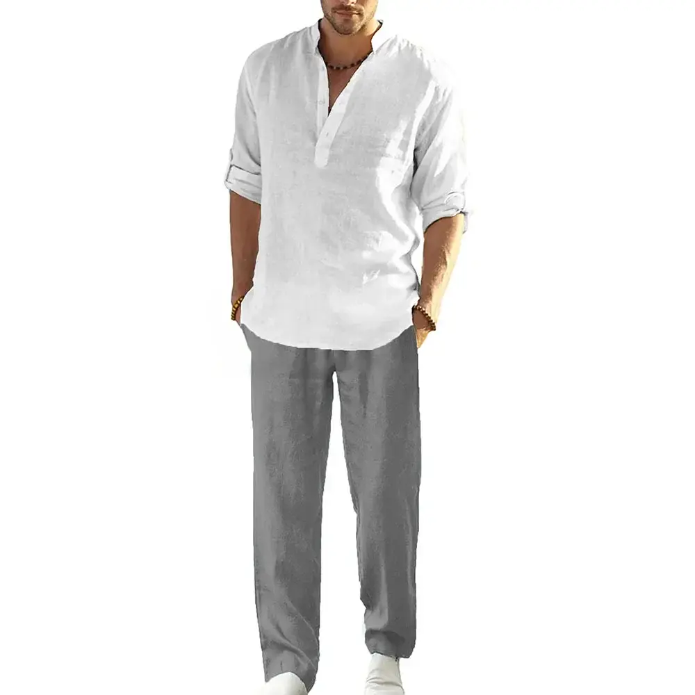 Men's Cotton Linen Casual Shirt Suit Spring Summer Male Simple Style Solid Color Male Sets Henley Neck Breathable Tracksuits
