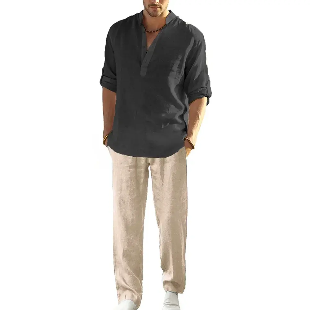 Men's Cotton Linen Casual Shirt Suit Spring Summer Male Simple Style Solid Color Male Sets Henley Neck Breathable Tracksuits