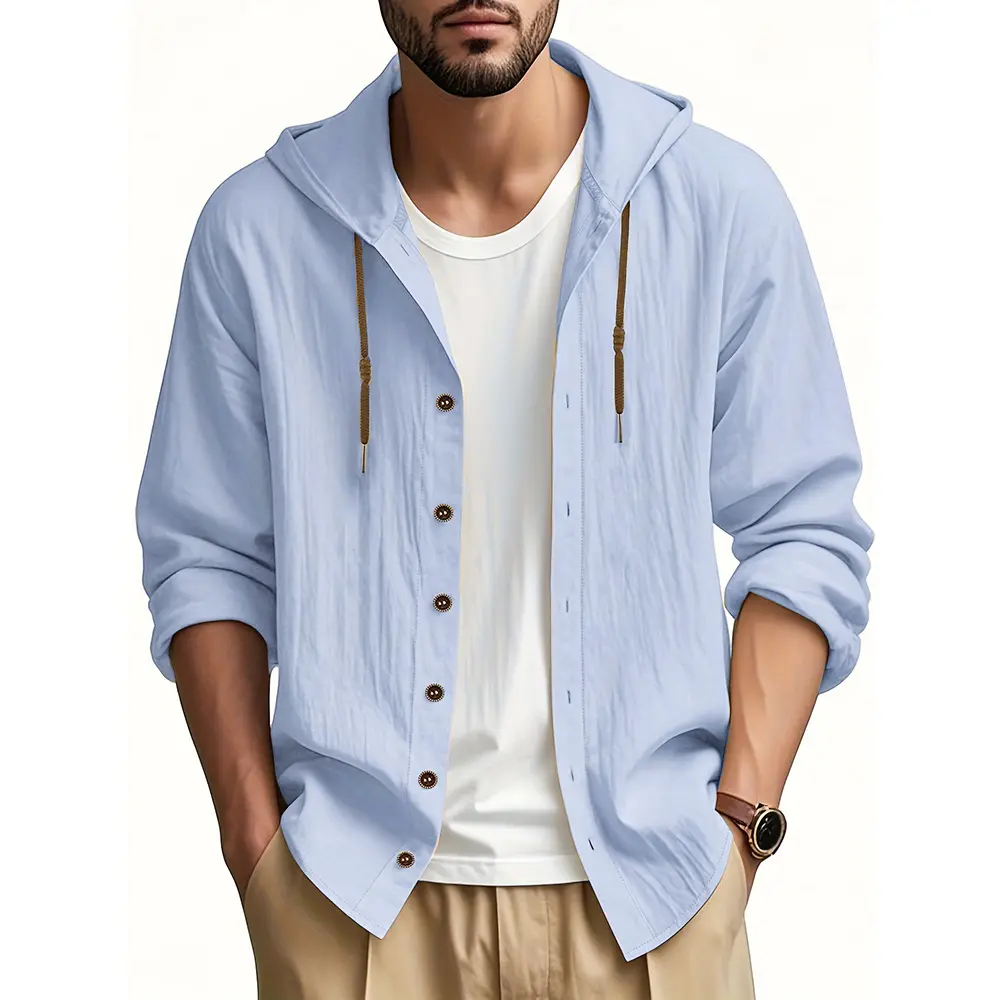 Men's Casual Hooded Cotton Linen Shirts Spring Lightweight Breathable Vacation Beach Style Fashion Button Tops Male Shirt