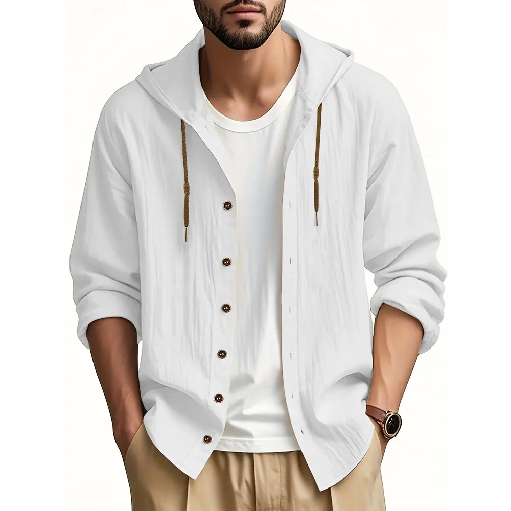 Men's Casual Hooded Cotton Linen Shirts Spring Lightweight Breathable Vacation Beach Style Fashion Button Tops Male Shirt